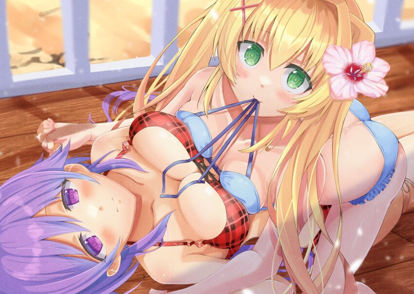 2girls 3: :3 all_fours alternate_costume ass asymmetrical_docking bare_shoulders bikini bikini_in_mouth blonde_hair blue_bikini blush breast_press breasts breasts_apart butt_crack cleavage closed_mouth clothes_in_mouth collarbone colored_eyelashes dutch_angle feet_out_of_frame flower frilled_bikini frills frown girl_on_top green_eyes hair_between_eyes hair_flower hair_intakes hair_ornament halterneck hashtag-only_commentary highres holding_hands interlocked_fingers large_breasts long_hair looking_at_viewer lying medium_breasts mizuori_shizuku mu-chu multiple_girls on_back pink_flower plaid_bikini plaid_clothes purple_eyes purple_hair red_bikini ringed_eyes sidelocks smile split_mouth summer_pockets swimsuit tsumugi_wenders twintails x_hair_ornament yuri