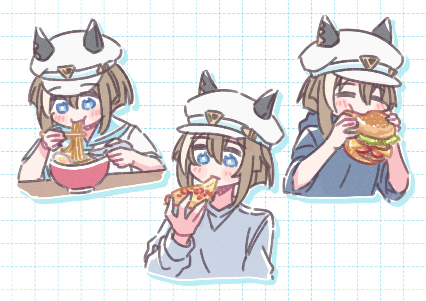 1girl =_= akamirai alternate_costume animal_ears blue_eyes blue_sweater brown_hair burger casual cheval_grand_(umamusume) chopsticks ear_covers food grey_shirt hair_between_eyes hat hat_belt holding holding_chopsticks holding_food hood hooded_sweater horse_ears horse_girl long_sleeves multicolored_hair multiple_views noodles peaked_cap pizza ramen sailor_collar sailor_shirt shirt streaked_hair sweater umamusume white_hair white_hat