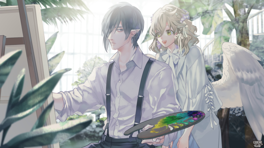 1boy 1girl :o angel_wings black_hair black_pants blonde_hair green_eyes grey_eyes hair_ornament hair_over_one_eye hair_ribbon heart heart_hair_ornament highres indoors kerberos_blade official_art otani_(gloria) painting_(action) paint_palette pants pointy_ears ribbon shirt sitting suspenders watermark white_shirt wings