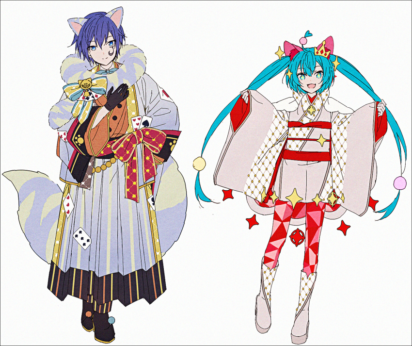 +++ 1boy 1girl :d adapted_costume alice&#039;s_adventures_in_wonderland animal_ear_fluff animal_ears black_boots black_gloves blue_eyes blue_hair blue_hakama boots bow cheshire_cat_(alice_in_wonderland) closed_mouth crown fake_animal_ears fake_tail gloves green_eyes grey_background grey_boots grey_kimono hair_between_eyes hakama hakama_skirt hakusai_(tiahszld) hand_up hatsune_miku heart highres japanese_clothes kaito_(vocaloid) kimono long_hair long_sleeves mini_crown open_mouth orange_kimono pants pinching_sleeves playing_card_theme pop_future_princess_(project_sekai) project_sekai red_bow red_pants revision short_kimono simple_background skirt sleeves_past_wrists smile spade_(shape) standing standing_on_one_leg tail tilted_headwear twintails very_long_hair vocaloid wide_sleeves wonder_magical_showtime!_(project_sekai) wonderlands_x_showtime_kaito wonderlands_x_showtime_miku