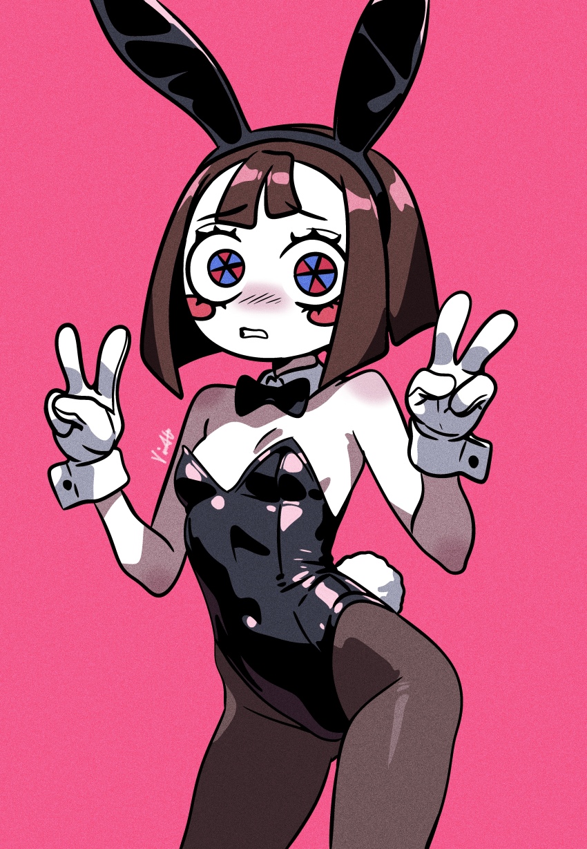 1girl absurdres animal_ear_hairband animal_ears black_bow black_bowtie black_leotard black_pantyhose blue_eyes blush_stickers bow bowtie breasts brown_hair colored_skin detached_collar fake_animal_ears fake_tail gloves hairband highleg highleg_leotard highres leotard multicolored_eyes pantyhose pink_background playboy_bunny pomni_(the_amazing_digital_circus) rabbit_ear_hairband rabbit_ears rabbit_tail red_eyes small_breasts solo strapless strapless_leotard tail the_amazing_digital_circus traditional_bowtie user_jazz4252 white_gloves white_skin wrist_cuffs