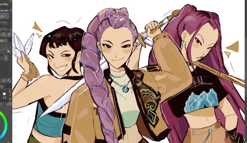 3girls art_program_in_frame black_gloves black_hair blunt_bangs braid braided_ponytail commentary cropped_jacket english_commentary gloves hand_on_own_hip holding holding_sword holding_weapon jewelry kpop_demon_hunters mira_(kpop_demon_hunters) multiple_girls necklace purple_hair rumi_(kpop_demon_hunters) sidelocks smile sword twintails upper_body weapon zeffy_artzz zoey_(kpop_demon_hunters)