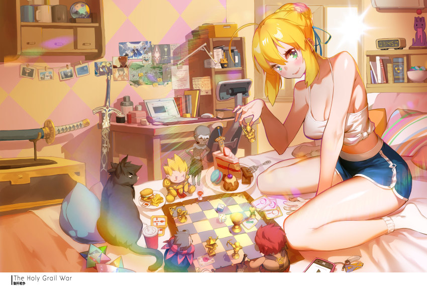 1girl absurdres ahoge alarm_clock alternate_costume animalization artoria_pendragon_(fate) assassin_(fate/zero) bare_shoulders bed blonde_hair blush breasts card casual cat chair character_doll chess_piece chessboard cleavage clock computer desk doll emiya_kiritsugu fate/grand_order fate/stay_night fate/zero fate_(series) female_focus gilgamesh_(fate) grail-kun green_eyes hair_bun hair_ribbon henry_davis highres iskandar_(fate) jeanne_d&#039;arc_(fate) jeanne_d&#039;arc_(ruler)_(fate) laptop lens_flare light_rays looking_at_viewer mash_kyrielight medium_breasts photo_(object) pillow playing_card ribbon room saber_(fate) scabbard sheath shirt short_shorts shorts single_hair_bun sitting smile solo sword tank_top tied_shirt wariza weapon