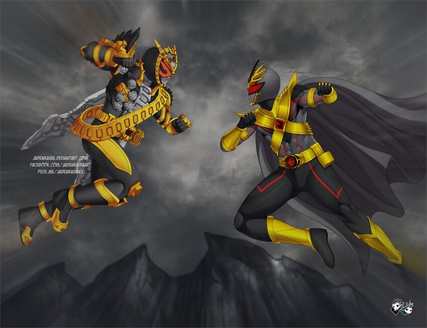 2boys antennae arm_guards armor battle belt black_armor black_bodysuit black_footwear black_gloves bodysuit boom!_studios boots cape clenched_hands clock color_connection commentary commission compound_eyes crossover faceless faceless_male fighting genre_connection gloves gold_armor gold_trim helmet horns imminent_fight jadenkaiba kamen_rider kamen_rider_zi-o_(series) lord_drakkon male_focus mighty_morphin_power_rangers multiple_boys ouma_zi-o power_connection power_rangers power_rangers_(boom!_studios) red_eyes rider_belt rider_watch shoulder_armor tokusatsu trait_connection watermark web_address