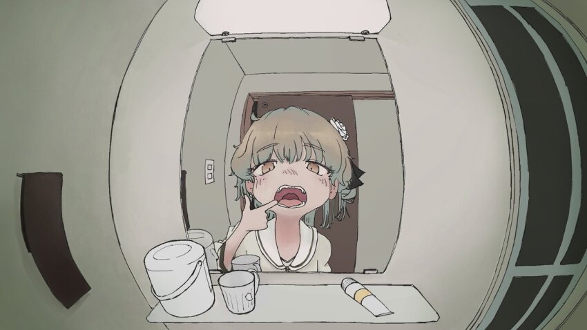 1girl bathroom brown_eyes door female_pov finger_in_own_mouth fisheye flower grey_hair hair_flower hair_ornament hatoba_tsugu indoors looking_at_mirror mirror mole mole_under_eye mouth_pull open_mouth pov reflection reflection_focus rose sailor_collar shiraichigo short_hair solo teeth tongue toothpaste tsugu_(vtuber) virtual_youtuber white_flower white_rose white_sailor_collar