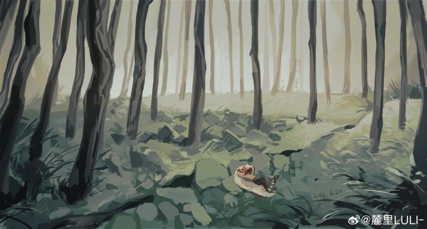 1other absurdres animal_hat blue_skirt forest grass hat highres luli_(crocowolf333) lying nature on_back original outdoors plant relaxing skirt topless_other tree watermark weibo_watermark