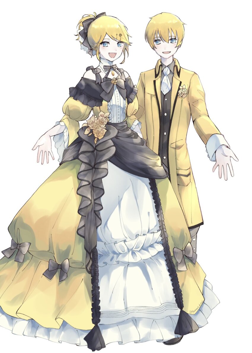 1boy 1girl :d aku_no_meshitsukai_(vocaloid) aku_no_musume_(vocaloid) allen_avadonia ascot black_bow blonde_hair blue_eyes bow brooch brother_and_sister brown_footwear brown_pants brown_shirt collared_jacket collared_shirt detached_collar dress dress_bow dress_flower dress_ribbon evillious_nendaiki flower flower_in_pocket frilled_dress frilled_sleeves frills gem hair_bow hair_ornament hairclip high_ponytail highres jacket jewelry kagamine_len kagamine_rin light_blush looking_at_viewer miku_symphony_(vocaloid) neck_ribbon open_mouth outstretched_arm pants petticoat ponytail ribbon riliane_lucifen_d&#039;autriche rose shirt shoes siblings sidelocks smile swept_bangs tomari_drew twins updo vocaloid white_ascot wide_sleeves yellow_dress yellow_flower yellow_gemstone yellow_jacket yellow_rose