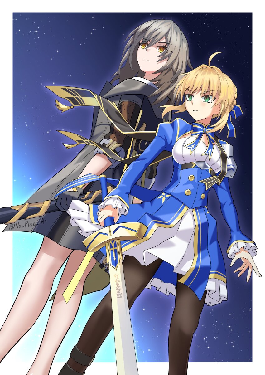 2girls absurdres artoria_pendragon_(fate) blonde_hair dress excalibur_(fate/stay_night) fate/stay_night fate/unlimited_blade_works fate_(series) green_eyes grey_hair highres holding holding_sword holding_weapon honkai:_star_rail honkai_(series) jacket multiple_girls no_plan_a saber_(fate) saber_(honkai:_star_rail)_(fate) stelle_(honkai:_star_rail) sword trailblazer_(honkai:_star_rail) weapon yellow_eyes