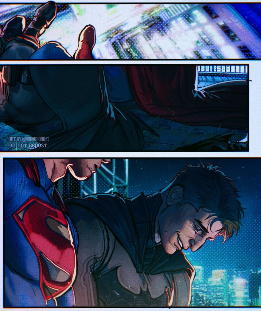 2boys bara batman batman_(series) black_cape black_hair blue_bodysuit bodysuit boots bruce_wayne cape clark_kent closed_eyes dc_comics grey_bodysuit highres large_pectorals male_focus multiple_boys muscular muscular_male night night_sky outdoors pectorals red_cape short_hair sitting sky smile superman superman_(series) umikochannart yaoi