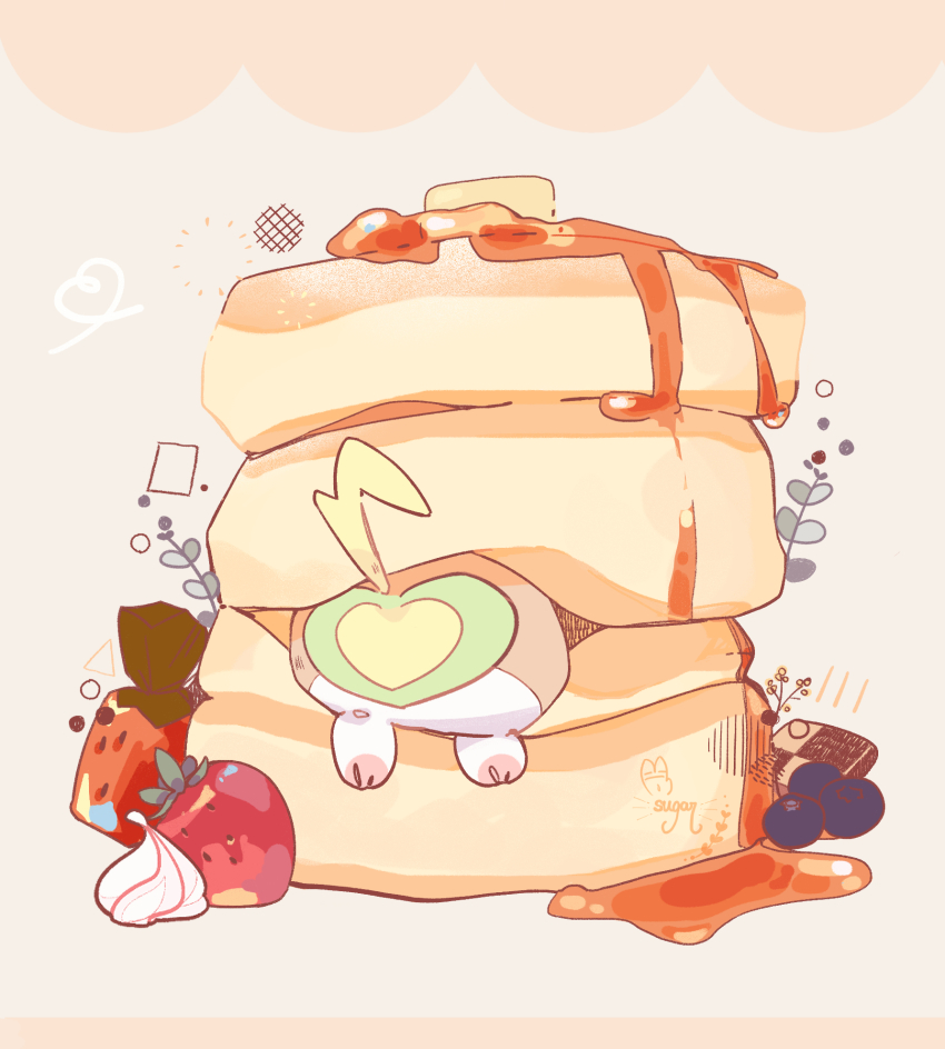 berry butter commentary food from_behind fruit gen_8_pokemon highres nintendo pancake pokemon pokemon_(creature) signature strawberry sugahri syrup toes yamper