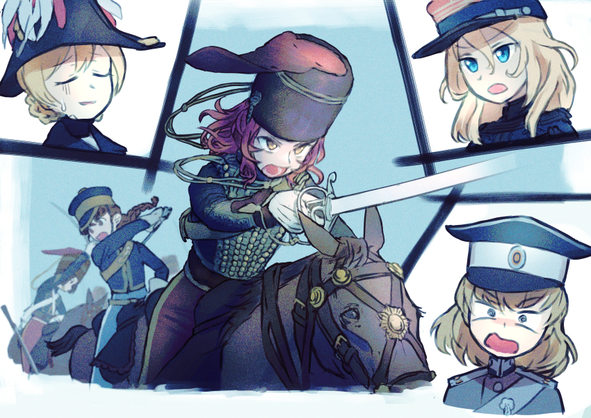 6+girls @_@ absurdres army belt bicorne blonde_hair blue_eyes bob_cut braid british_army brown_eyes brown_hair brown_horse buttons cavalry cavalry_sword charging_forward closed_eyes commentary crimean_war darjeeling_(girls_und_panzer) french_army girls_und_panzer gloves gold_trim hat highres holding holding_weapon horse horseback_riding hussar karasumi_(sumizono) katyusha_(girls_und_panzer) kepi long_hair long_sleeves medium_hair messy_hair military military_hat military_uniform multiple_girls open_mouth oshida_(girls_und_panzer) pants peaked_cap red_hair red_pants reins riding rosehip_(girls_und_panzer) rukuriri_(girls_und_panzer) russia russian_ground_forces russian_empire saber_(weapon) saddle short_hair shoulder_boards single_braid sweat sweatdrop sword teeth twin_braids united_kingdom upper_body weapon white_belt white_gloves white_pants