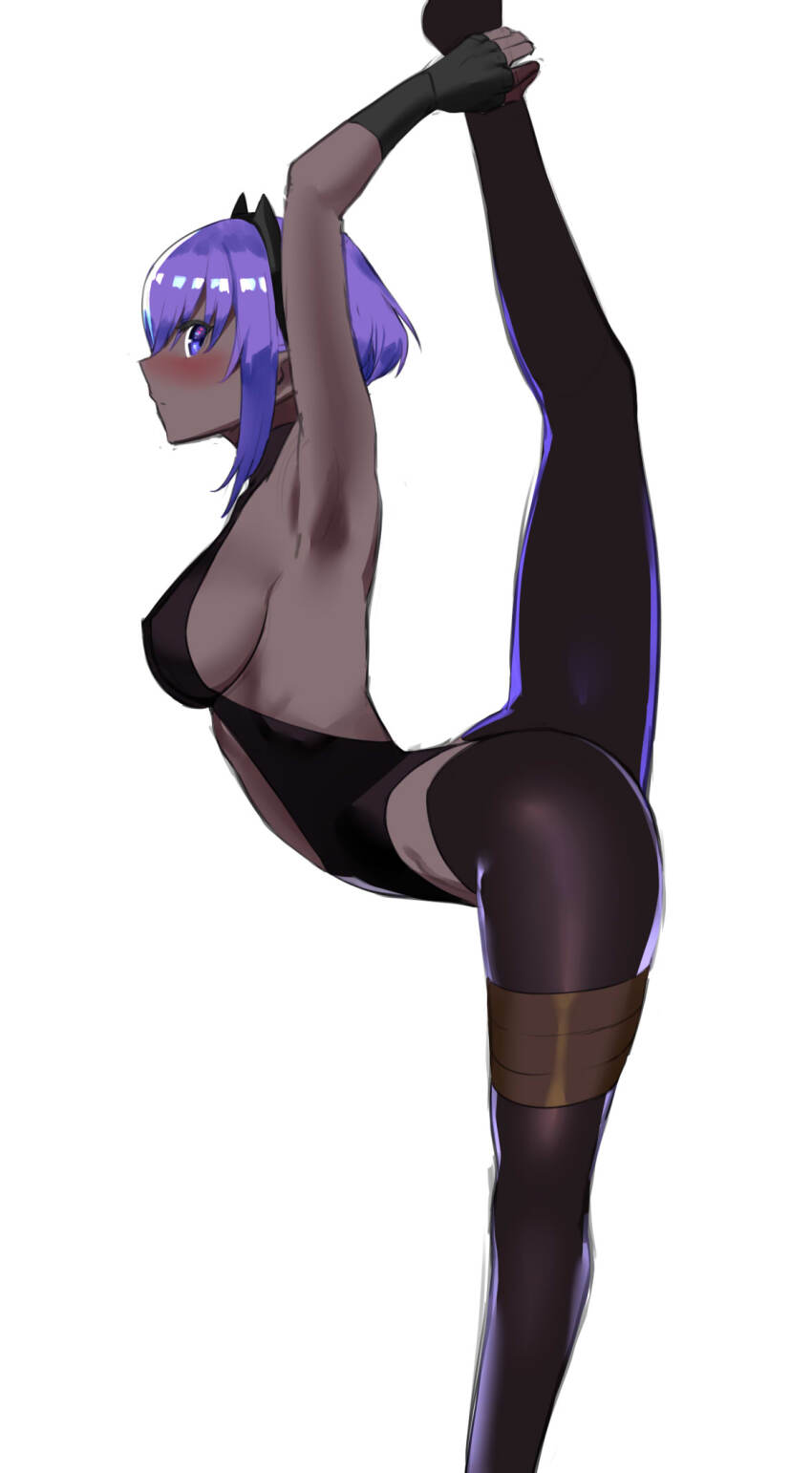 1girl blush breasts colored_skin dark-skinned_female dark_skin fate/grand_order fate_(series) fingerless_gloves gloves grey_skin hassan_of_serenity_(fate) highres medium_breasts pants profile purple_eyes purple_hair split standing standing_on_one_leg standing_split tight_clothes tight_pants ukimukai white_background