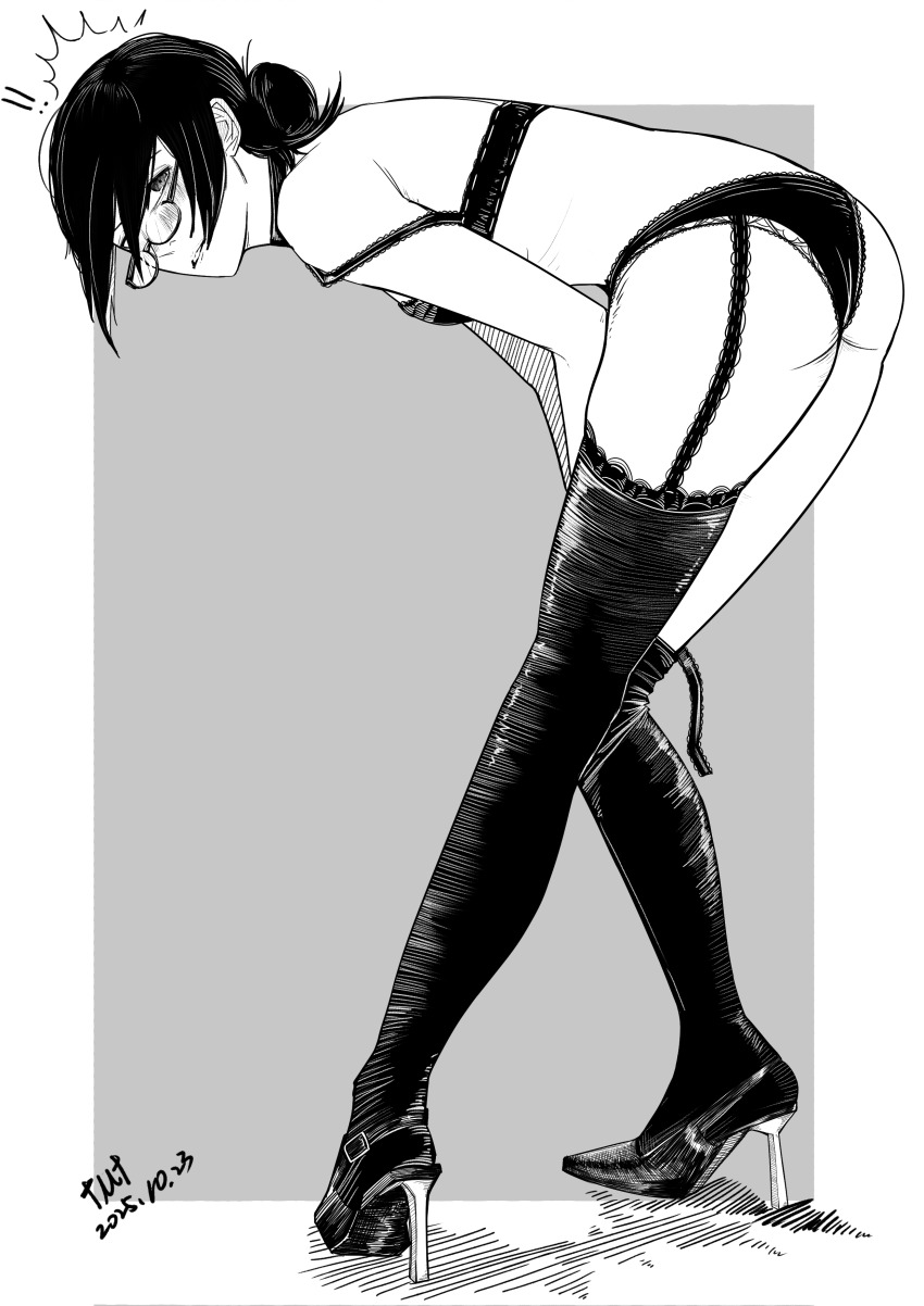 1girl absurdres alternate_costume ass blush bra breasts chainsaw_man glasses greyscale hair_bun high_heels highres leaning_forward lml1880828 looking_at_viewer monochrome panties reze_(chainsaw_man) small_breasts solo standing thighhighs underwear