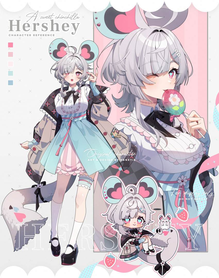 1girl absurdres ahoge aqua_pupils artist_name black_ribbon black_shoes blue_skirt bow breasts buttons candy chibi chinchilla_(animal) chinchilla_ears chinchilla_girl chinchilla_tail coat color_guide food grey_coat grey_hair grey_nails hair_bow hair_ornament hairpin heart heart-shaped_eyes hen-tie highres holding holding_candy holding_food holding_lollipop jewelry kneehighs lollipop one_eye_closed open_clothes open_coat open_mouth original pink_bow pink_nails ribbon ring scar scar_on_neck shoes skirt socks tail tail_ornament tail_ribbon tongue two-tone_nails white_socks