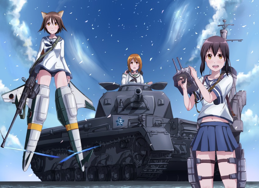 10s 3girls :d animal_ears black_hair blouse blue_skirt blue_sky brown_eyes brown_hair buruma cloud cloudy_sky confetti crossover dai_toro day dog_ears emblem fubuki_(kancolle) funnels_(gundam) girls_und_panzer gun headphones headphones_removed highres kantai_collection long_hair long_sleeves machine_gun machinery mecha_musume military military_vehicle miniskirt miyafuji_yoshika motor_vehicle multiple_crossover multiple_girls navel neckerchief nishizumi_miho ooarai_(emblem) ooarai_school_uniform open_mouth outdoors panzer_iv panzer_iv pleated_skirt riding school_swimsuit school_uniform serafuku shirt short_hair short_sleeves skirt sky smile smokestack standing strike_witches striker_unit swimsuit swimsuit_under_clothes tank throat_microphone trait_connection turret weapon white_shirt world_witches_series