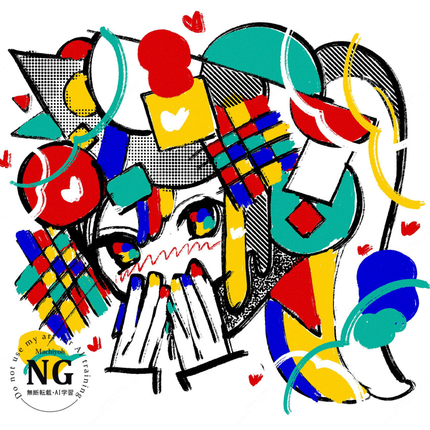 1girl abstract blush commentary_request covered_mouth covering_own_mouth halftone hands_up heart highres long_hair looking_at_viewer machigami_yoh multicolored_eyes multicolored_nails original portrait solo
