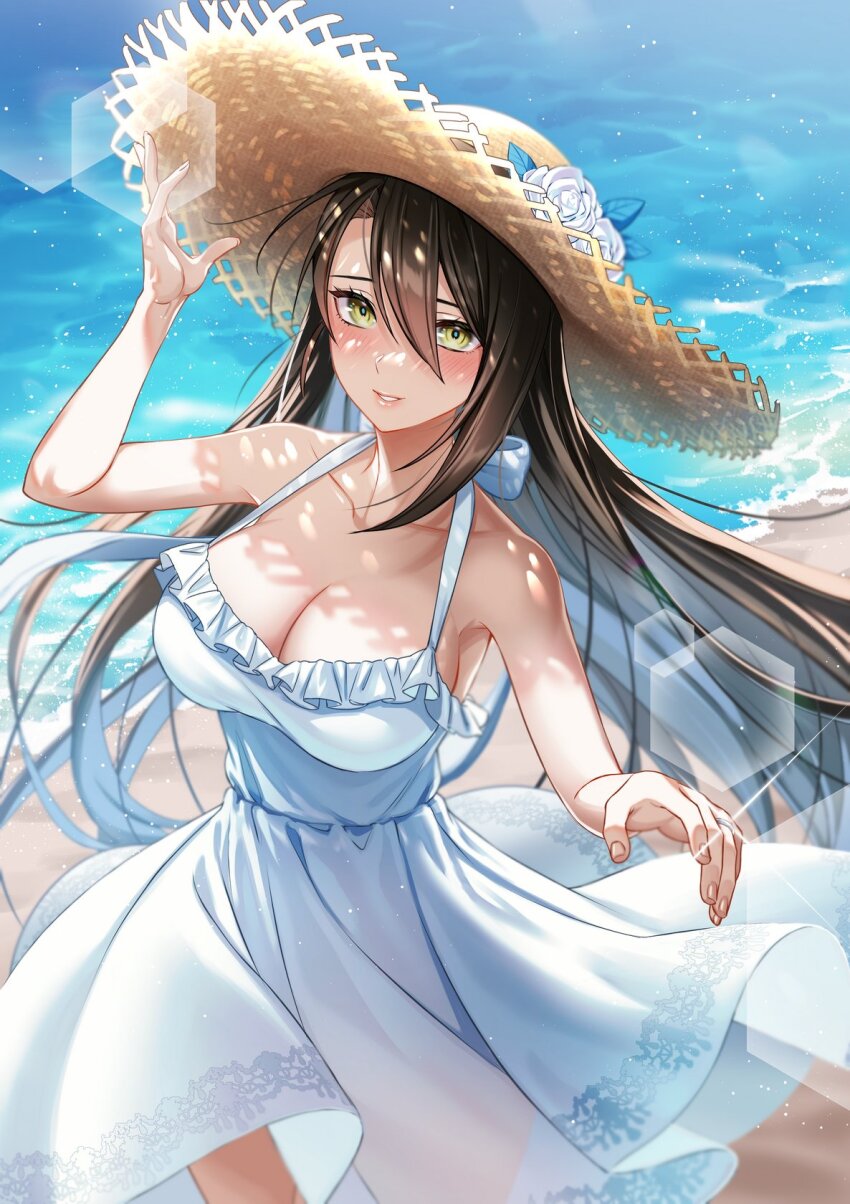 1girl adjusting_clothes adjusting_headwear agent_(girls&#039;_frontline) alternate_costume alternate_hairstyle beach black_hair blush breasts chinese_commentary cleavage collarbone commentary_request commission dress flower girls&#039;_frontline hair_bun hat hat_flower highres iria_(yumeirokingyo) jewelry large_breasts lens_flare looking_at_viewer ring rose second-party_source skeb_commission smile solo standing straw_hat sun_hat sundress water white_dress white_flower white_rose yellow_eyes