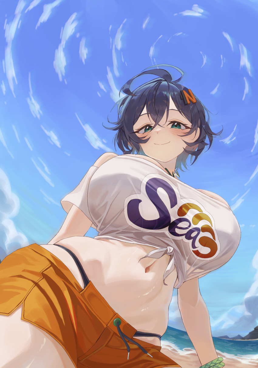 1girl absurdres ahoge belle_(summer_skies)_(zenless_zone_zero) belle_(zenless_zone_zero) breasts crossed_bangs hair_ornament highres large_breasts letter_hair_ornament navel off-shoulder_shirt off_shoulder official_alternate_costume orange_shorts sagoni_ch see-through_clothes see-through_shirt shirt shorts smile solo tied_shirt zenless_zone_zero