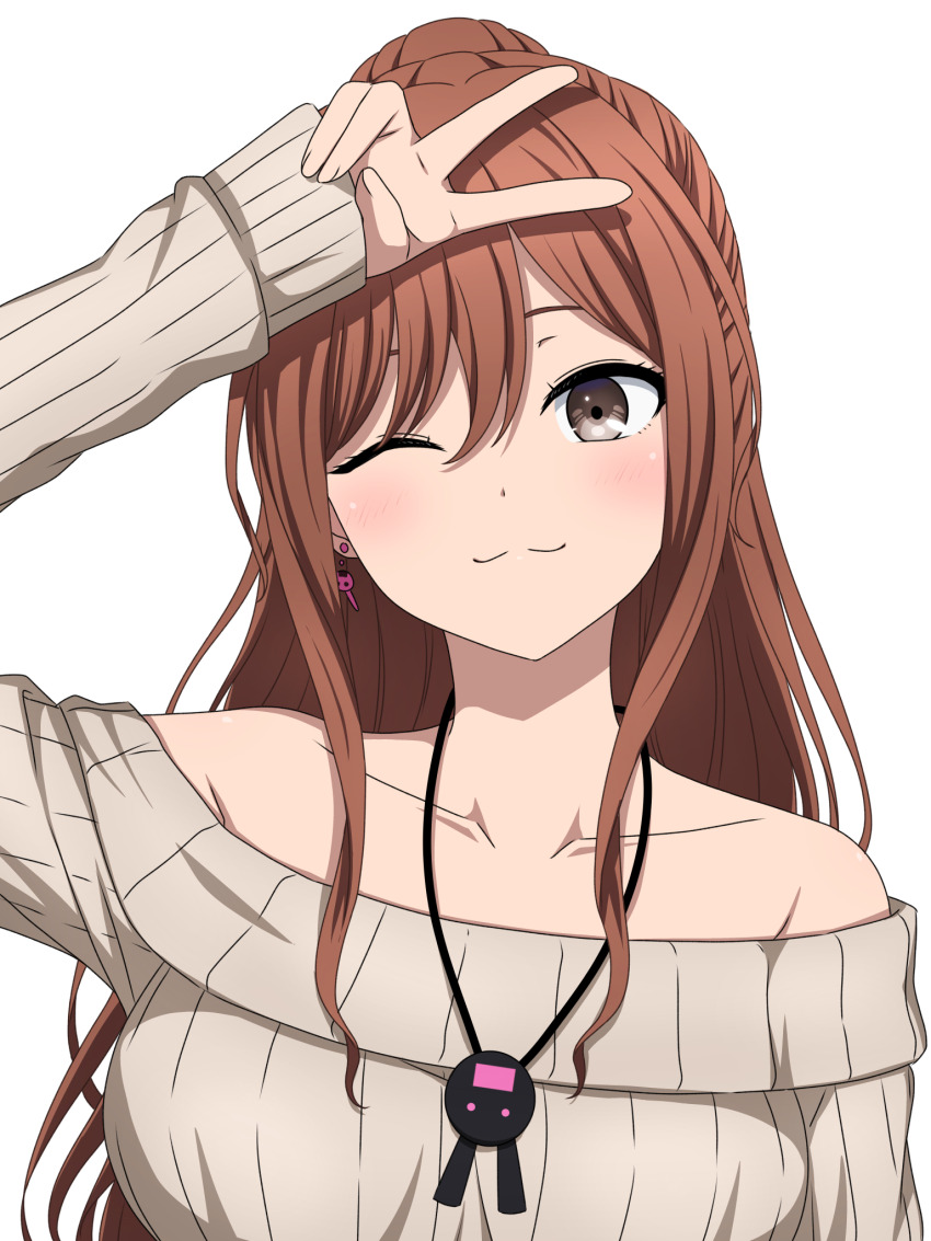 1girl bang_dream! blush brown_eyes brown_hair brown_sweater commentary_request earrings half_updo hand_up highres imai_lisa jewelry long_hair necklace noshimurin off-shoulder_sweater off_shoulder one_eye_closed simple_background smile solo sweater v white_background