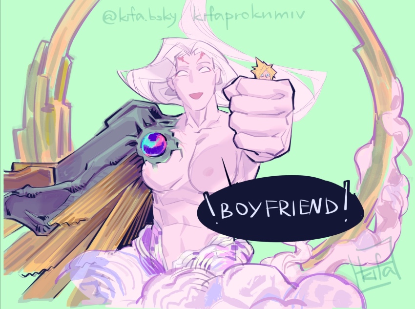 1boy 1other alternate_form blonde_hair breasts cloud cloud_strife commentary english_commentary english_text final_fantasy final_fantasy_vii golden_wings grey_hair hair_slicked_back highres holding holding_mini_person kurdupl long_hair mini_person nipples no_pupils parted_bangs safer_sephiroth sephiroth short_hair size_difference speech_bubble topless_male twitter_username wings