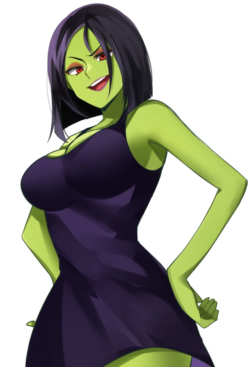 1girl banjo-kazooie black_dress black_hair breasts cleavage colored_skin commentary_request dress eyeshadow green_skin gruntilda_winkybunion hands_on_own_hips highres large_breasts lipstick makeup open_mouth red_eyes red_eyeshadow short_hair simple_background sleeveless sleeveless_dress smile solo tsumikitsuki_(katsuobushi) white_background