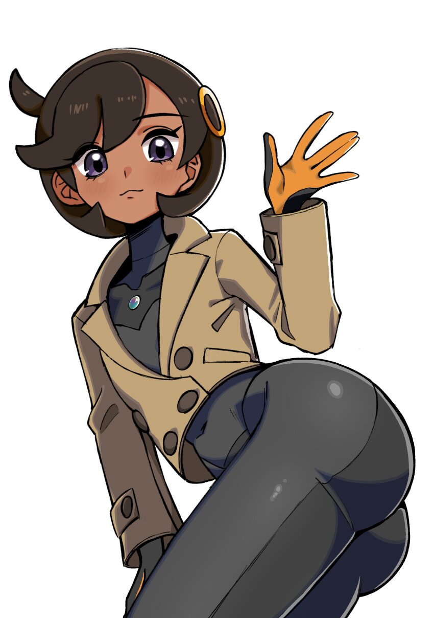 1girl absurdres ass black_bodysuit black_hair blush bodysuit bodysuit_under_clothes breasts brown_jacket closed_mouth dark-skinned_female dark_skin emma_(pokemon) gloves hair_ornament highres jacket latex latex_bodysuit looking_at_viewer mega_stone n_k_m nintendo orange_gloves pokemon pokemon_legends:_z-a purple_eyes short_hair simple_background smile solo waving white_background