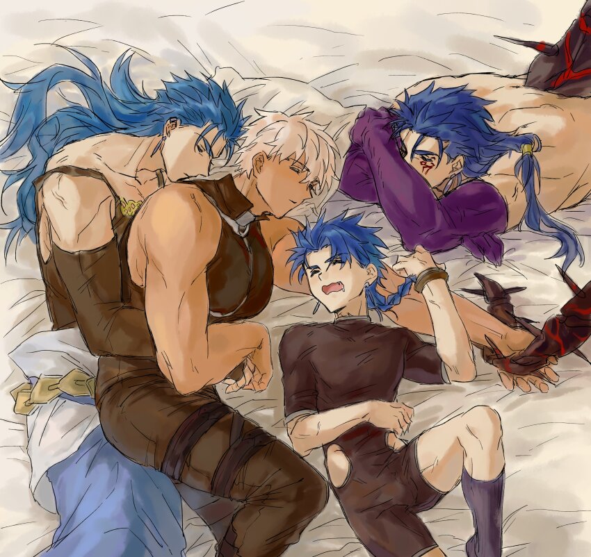 4boys absurdres archer_(fate) character_request clone_harem cu_chulainn_(caster)_(fate) cu_chulainn_(fate) cu_chulainn_alter_(fate) cuddling detached_sleeves fate/grand_order fate_(series) from_above hair_down highres hug hug_from_behind large_pectorals lying male_focus male_harem multiple_boys muscular muscular_male on_stomach pectorals profile sleeping spread_legs surisudou thick_eyebrows topless_male yaoi