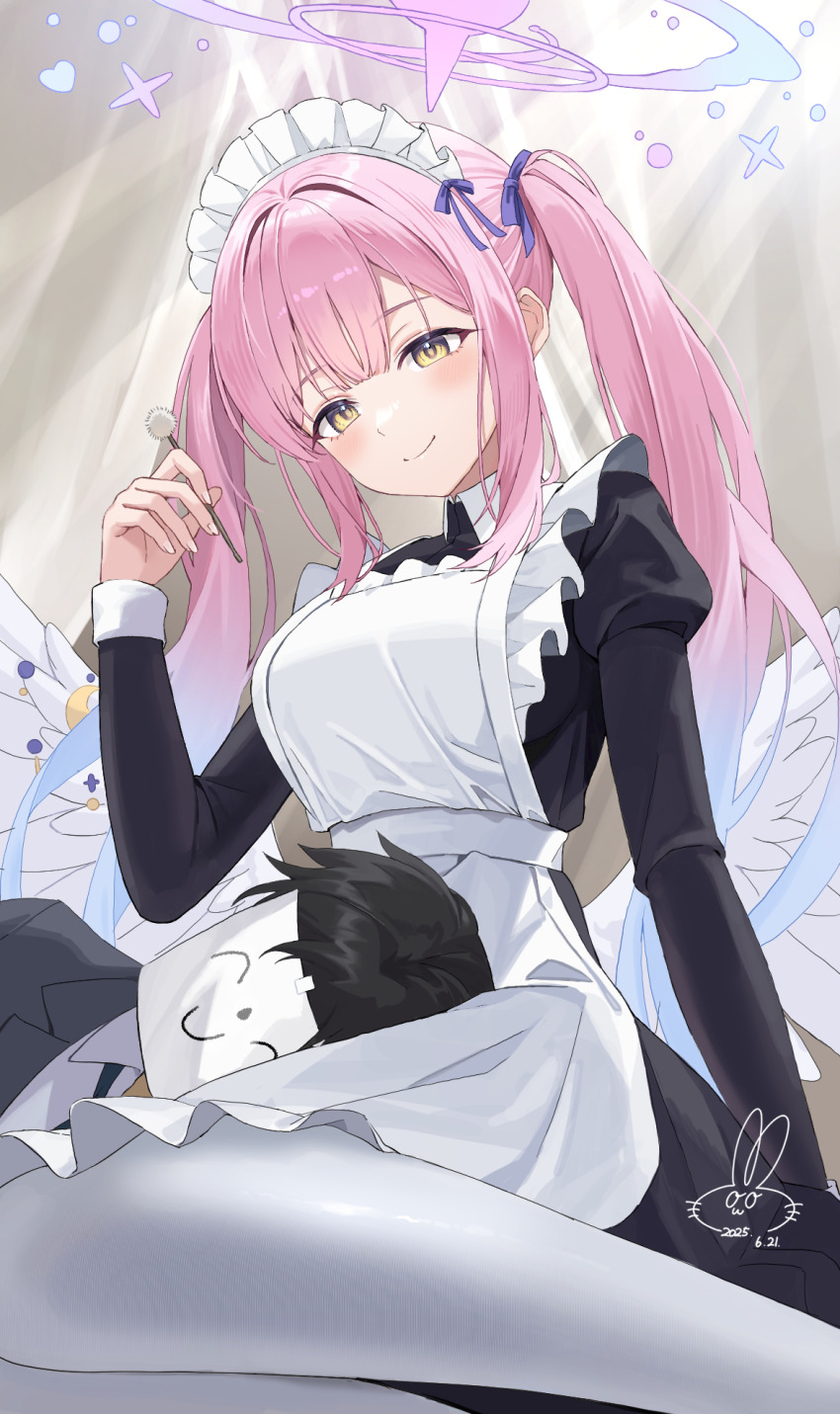 1boy 1girl alternate_costume alternate_hairstyle apron awa_(awao141) black_dress black_hair blue_archive blush closed_mouth commentary_request dress feathered_wings frilled_apron frills halo highres juliet_sleeves lap_pillow long_hair long_sleeves low_wings maid maid_apron mika_(blue_archive) mimikaki pantyhose pink_hair pink_halo puffy_sleeves sensei_(blue_archive) signature sitting smile twintails white_apron white_pantyhose white_wings wings yellow_eyes