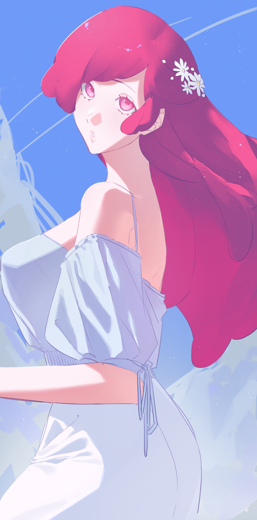 1girl absurdres alternate_costume bare_shoulders bleach bleach:_sennen_kessen-hen blue_background breasts colored_eyelashes commentary cowboy_shot dress eyebrows_hidden_by_hair eyelashes flower from_side hair_flower hair_ornament hannahyu highres large_breasts lips long_hair looking_at_viewer meninas_mcallon off-shoulder_dress off_shoulder parted_lips pink_eyes pink_hair short_sleeves simple_background solo swept_bangs upturned_eyes white_dress white_flower