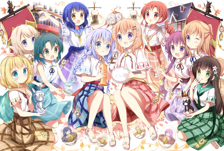 6+girls :d absurdres angora_rabbit animal anko_(gochiusa) aoyama_blue_mountain bare_arms bare_shoulders black_hair blonde_hair blue_eyes blue_hair blue_ribbon blue_skirt blush braid brown_eyes brown_hair brown_neckerchief brown_ribbon brown_sailor_collar brown_skirt character_request collared_shirt commentary_request cup drill_hair flower fuiba_fuyu gochuumon_wa_usagi_desu_ka? green_eyes green_hair green_skirt hair_flower hair_ornament hairclip highres holding holding_animal holding_cup hoto_cocoa hoto_mocha jinja_eru jinja_natsume jouga_maya kafuu_chino karede_yura kirima_syaro light_brown_hair long_hair low_twintails matching_outfits mate_rin mug multiple_girls natsu_megumi neck_ribbon neckerchief open_mouth parted_bangs pink_skirt plaid_clothes plaid_skirt purple_eyes purple_hair purple_skirt rabbit red_eyes red_hair revision ribbon sailor_collar shirt short_sleeves skirt sleeveless sleeveless_shirt smile stick_jitb tedeza_rize tippy_(gochiusa) toasting_(gesture) twin_braids twin_drills twintails ujimatsu_chiya very_long_hair white_flower white_shirt wide_sleeves wild_geese