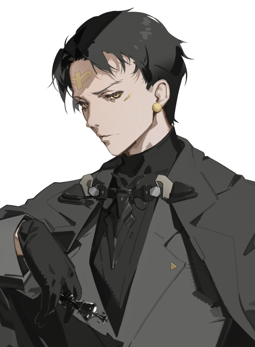 1boy aaammm absurdres black_coat black_gloves black_hair black_shirt chess_piece chinese_commentary coat coat_on_shoulders commentary covered_collarbone earrings facial_mark forehead forehead_mark formal_clothes gloves gold_earrings grey_jacket highres holding holding_chess_piece jacket jewelry king_(chess) looking_at_viewer male_focus no_mask punishing:_gray_raven shirt short_hair sideways_glance simple_background solo suit suit_jacket turtleneck turtleneck_shirt upper_body vonnegut_(pgr) white_background yellow_eyes