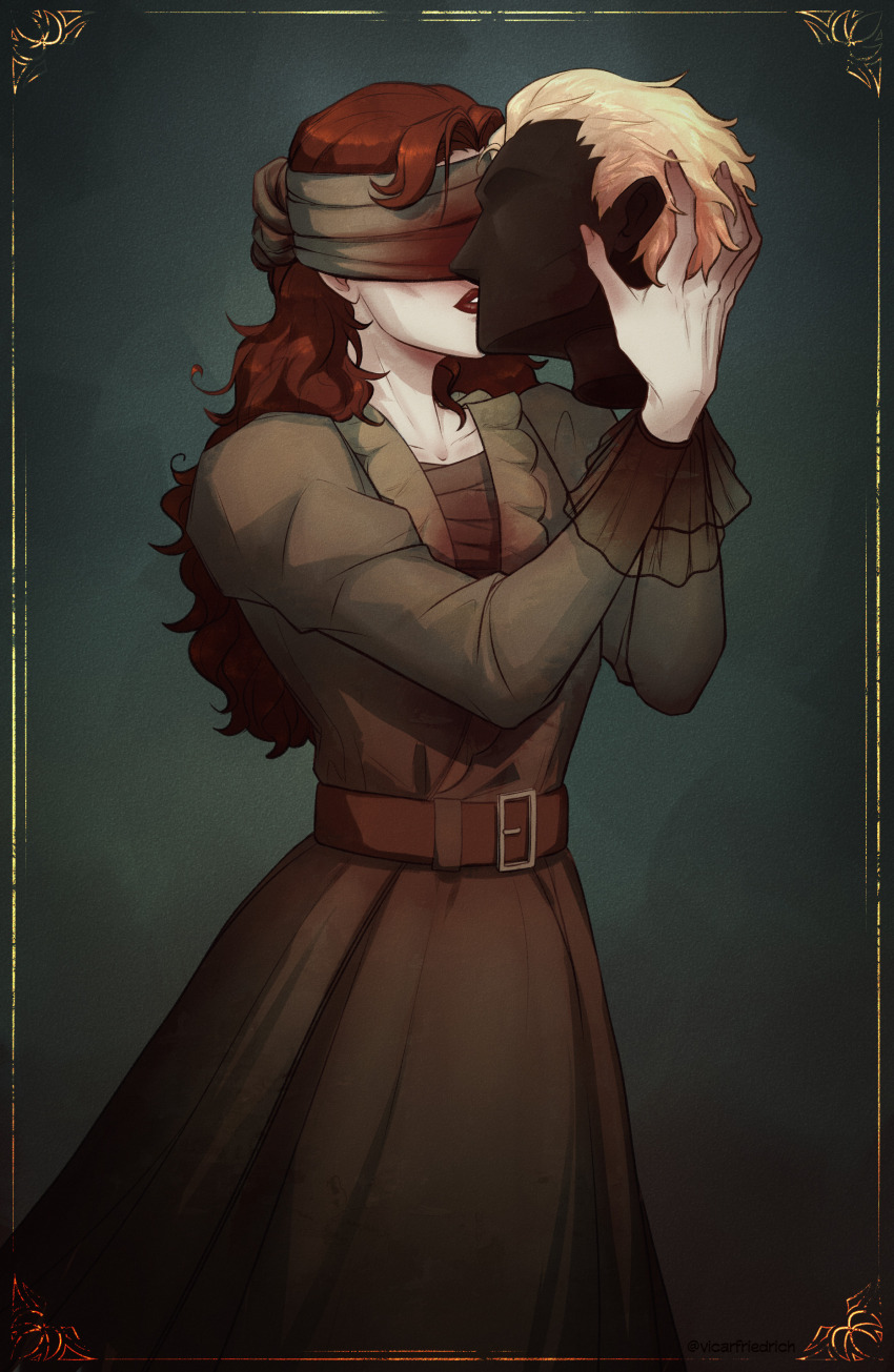 1girl absurdres belt blindfold blonde_hair blood blood_on_clothes brown_belt brown_dress brown_hair dead_by_daylight dress grey_background highres holding_detached_head lipstick long_hair long_sleeves makeup solo standing the_nurse_(dead_by_daylight) vicar_friedrich
