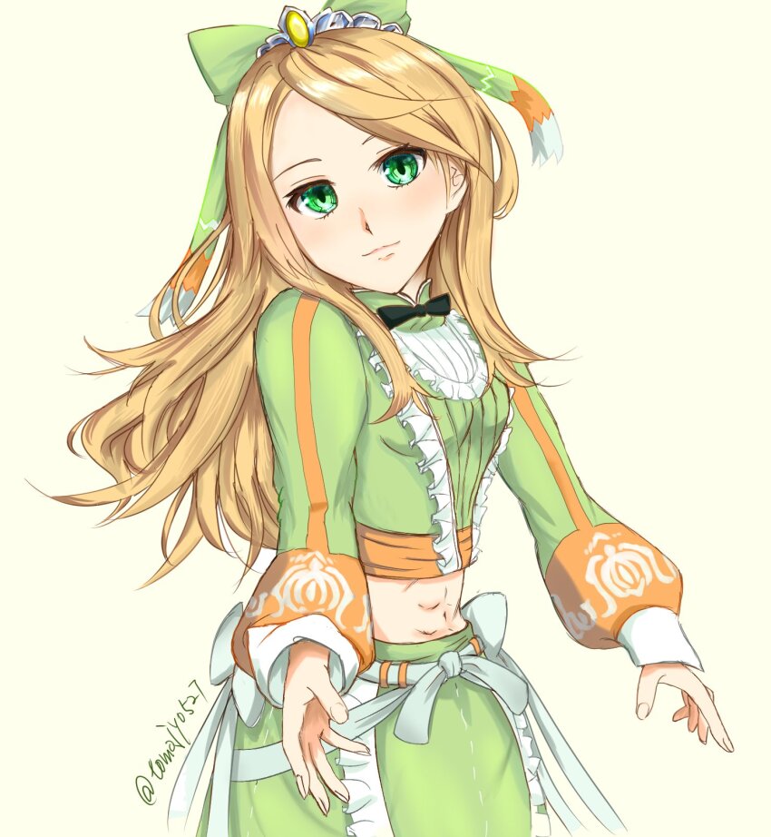 1girl abs black_bow black_bowtie bow bowtie crop_top etie_(fire_emblem) fire_emblem fire_emblem_engage gem green_bow green_eyes green_shirt green_skirt highres hooded_top nintendo orange_gemstone orange_hair shirt skirt swept_bangs tiara tomojiyo_(toko) yellow_gemstone