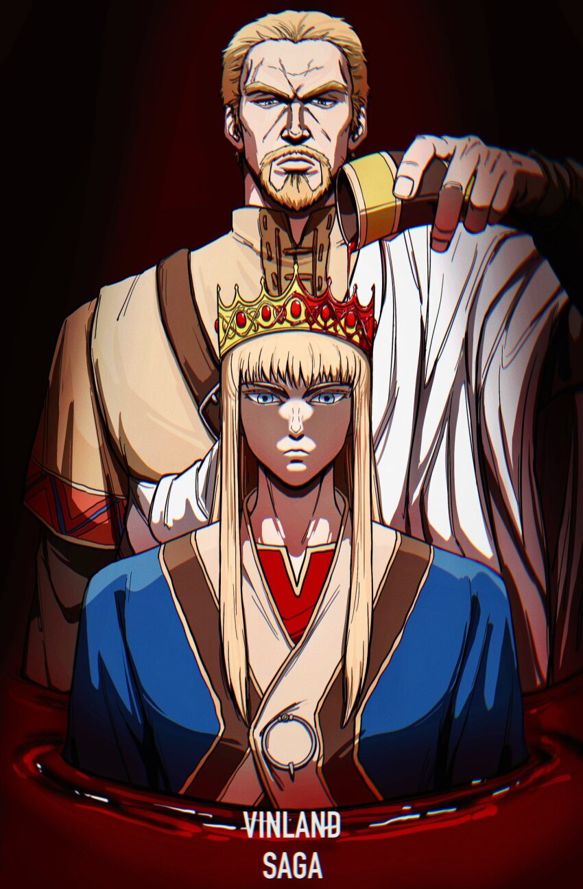 2boys aquiline_nose askeladd bara blonde_hair blood blood_on_crown blue_eyes canute coronation cup facial_hair frown goatee hair_slicked_back highres holding holding_cup king long_hair male_focus mature_male multiple_boys nose pool_of_blood serious short_hair spotlight tako_(tako_yaki111) thick_eyebrows upper_body vinland_saga