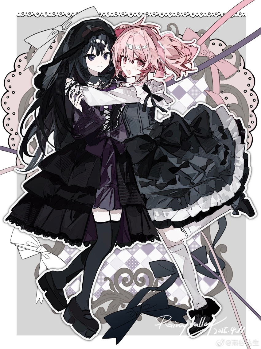 2girls :d absurdres akemi_homura alternate_costume black_dress black_eyes black_hair black_thighhighs black_veil breasts buqiyong chinese_commentary commentary_request cross-laced_clothes cross-laced_dress dated dress grey_dress hair_between_eyes highres hug kaname_madoka kneehighs long_hair looking_at_viewer mahou_shoujo_madoka_magica medium_hair multiple_girls open_mouth pink_eyes pink_hair platform_shoes sidelocks signature small_breasts smile socks thighhighs twintails veil white_socks