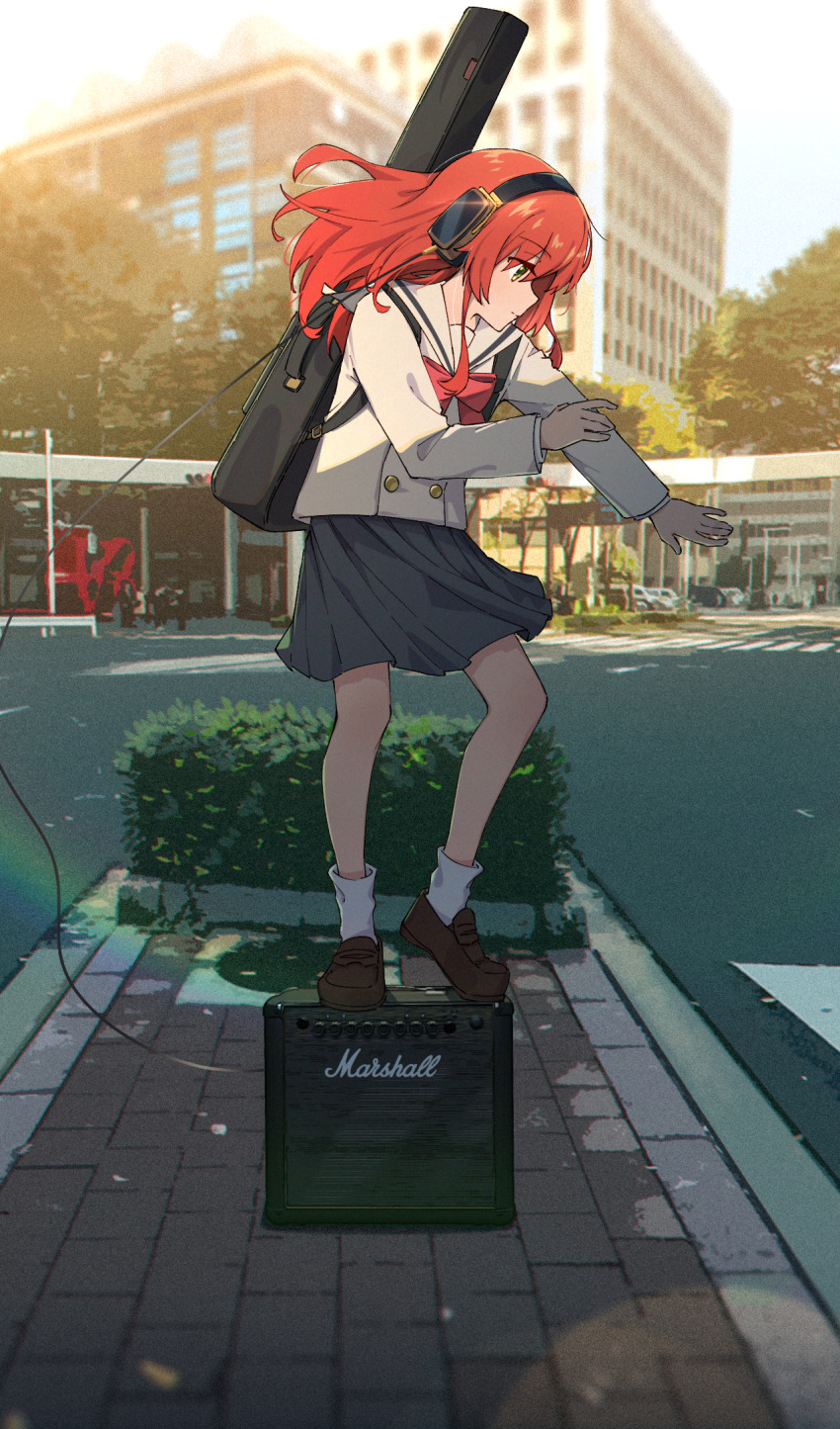 1girl amplifier black_skirt blurry blurry_background bocchi_the_rock! bow bowtie brown_sailor_collar brown_shirt buttons cable city commentary cropped crosswalk dancing day depth_of_field expressionless film_grain floating_hair full_body guitar_case headphones hedge highres instrument_case instrument_on_back jl_tan kita_ikuyo loafers long_hair long_sleeves looking_down looking_to_the_side loose_socks outdoors outstretched_arm pleated_skirt profile rainbow real_world_location red_bow red_bowtie red_hair sailor_collar school_uniform serafuku shade shinjuku_(tokyo) shirt shoes shuka_high_school_uniform skirt socks solo standing_on_object sunlight toe tokyo_(city) tree white_socks yellow_eyes