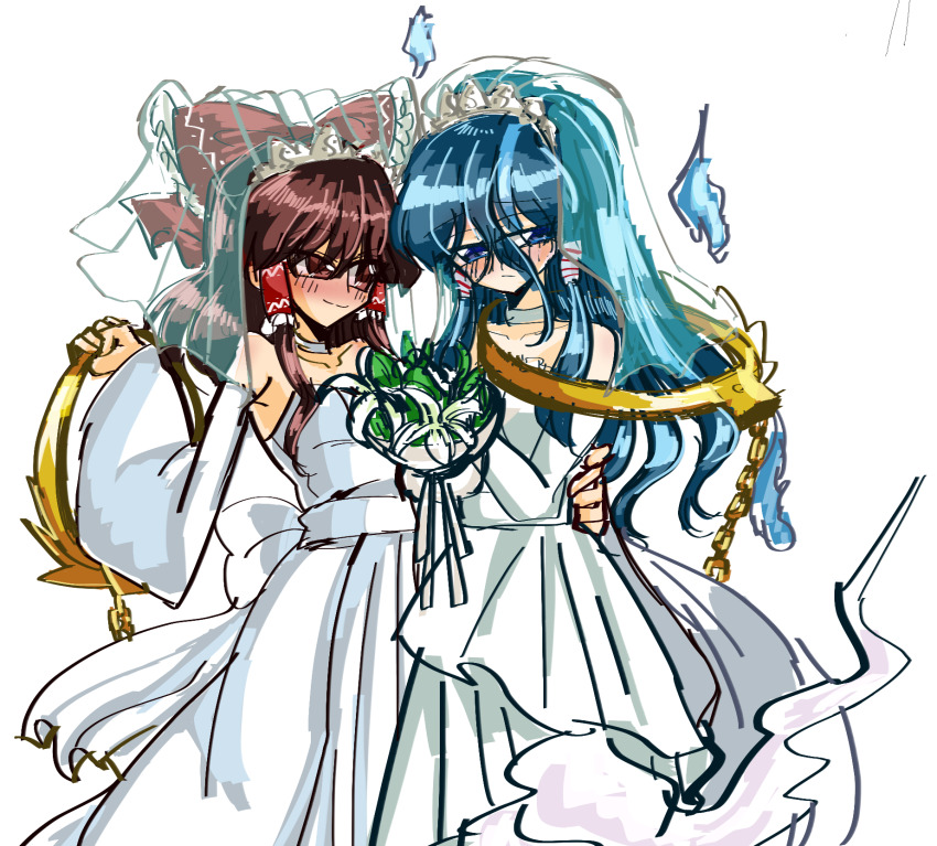 2girls alternate_costume blue_eyes blue_hair blush bouquet bow bridal_veil brown_eyes brown_hair chain closed_mouth commentary_request cowboy_shot cuffs detached_sleeves dress embarrassed female_focus flower frilled_bow frilled_hair_tubes frills hair_between_eyes hair_bow hair_tubes hakurei_reimu handcuffs highres hitodama holding holding_bouquet lily_(flower) long_bangs long_dress long_hair looking_at_another looking_to_the_side matching_hair/eyes miyadeguchi_mizuchi multiple_girls red_bow shippuu_jinnari simple_background smile strapless strapless_dress touhou veil wedding_dress white_background white_dress white_flower white_sleeves wife_and_wife yuri