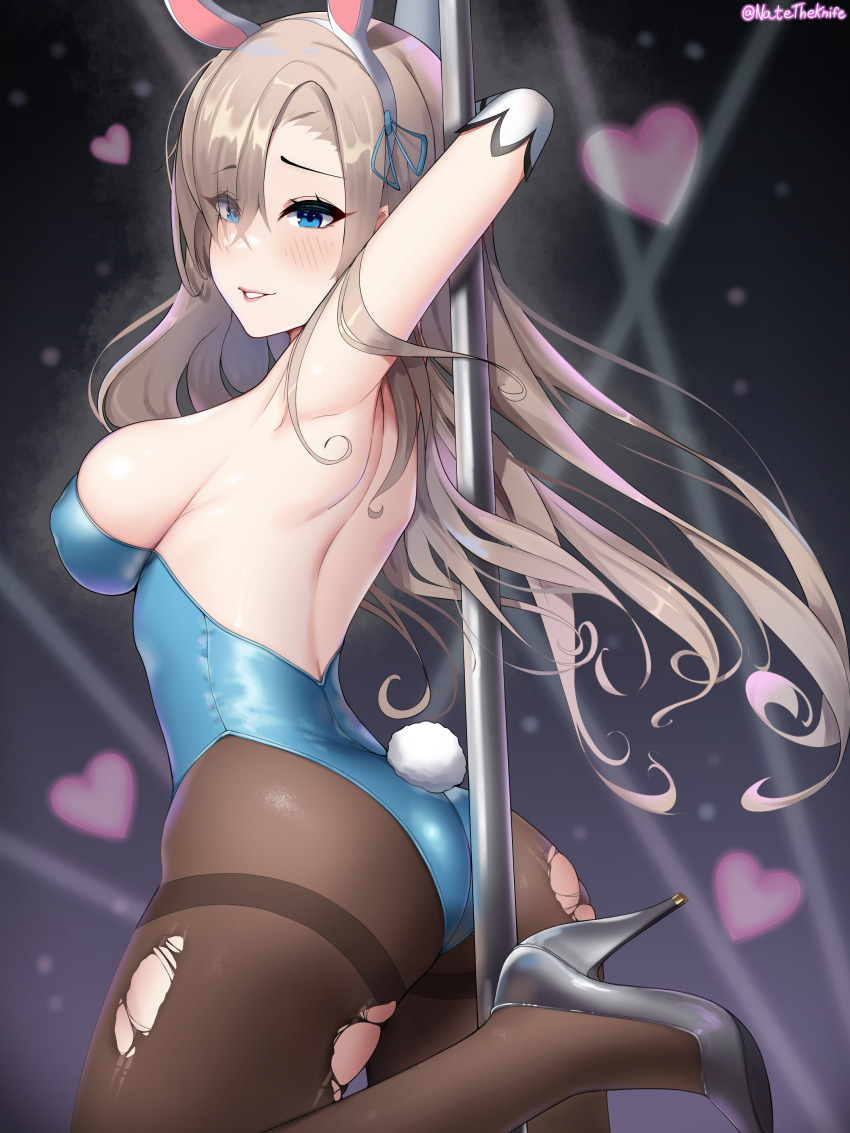1girl absurdres animal_ears armpits ass asuna_(blue_archive) asuna_(bunny)_(blue_archive) backless_outfit biting_own_lip blonde_hair blue_archive blue_eyes blue_leotard breasts elbow_gloves fake_animal_ears fake_tail gloves heart high_heels highres large_breasts leotard medium_breasts natatheknife official_alternate_costume pantyhose playboy_bunny pole pole_dancing presenting_armpit rabbit_ears rabbit_tail sideboob skindentation solo stage_lights strapless strapless_leotard stripper stripper_pole tail thighband_pantyhose torn_clothes torn_pantyhose