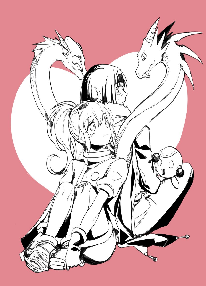 1boy 1girl absurdres ashton_anchors closed_mouth full_body gloves greyscale heart heart_background highres long_hair monochrome pantyhose ponytail precis_neumann protected_link simple_background skirt spot_color star_ocean star_ocean_the_second_story ycco_(estrella)