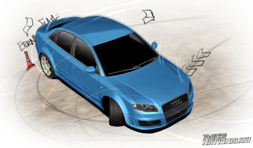absurdres amoemo audi audi_a4 blue_car car commentary doodle_inset drifting english_commentary highres logo motion_blur motor_vehicle no_humans original road skid_mark smoke street traffic_cone vehicle_focus