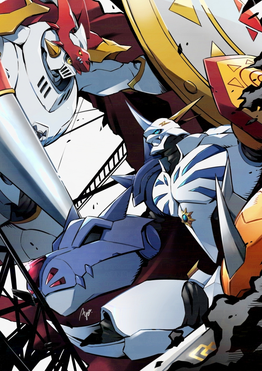 arm_blade armor ayo_(ayosanri009) blue_eyes cape digimoji digimon digimon_(creature) digimon_adventure digimon_tamers dukemon highres holding holding_polearm holding_shield holding_weapon horns lance looking_at_viewer mecha omegamon polearm red_cape robot shield sword weapon white_armor white_background yellow_eyes