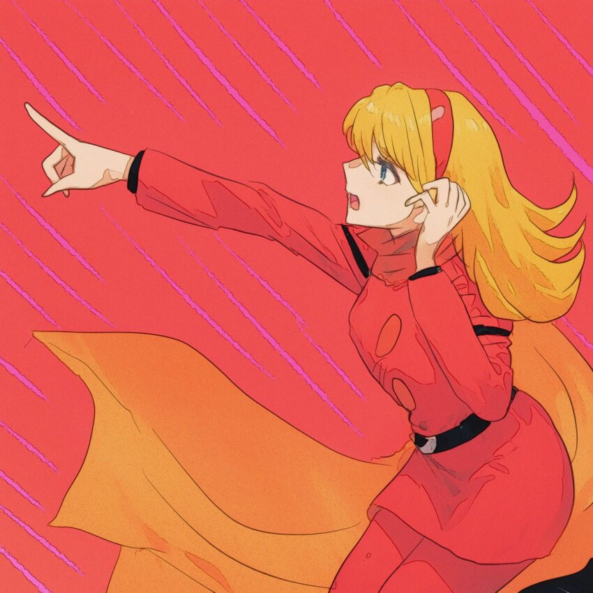 1girl belt blonde_hair blue_eyes buttons coat cyborg cyborg_009 francoise_arnoul hair_between_eyes hairband hand_on_own_ear highres long_hair military_uniform open_mouth pointing red_coat red_hairband sariokisu scarf straight_hair upper_body yellow_scarf