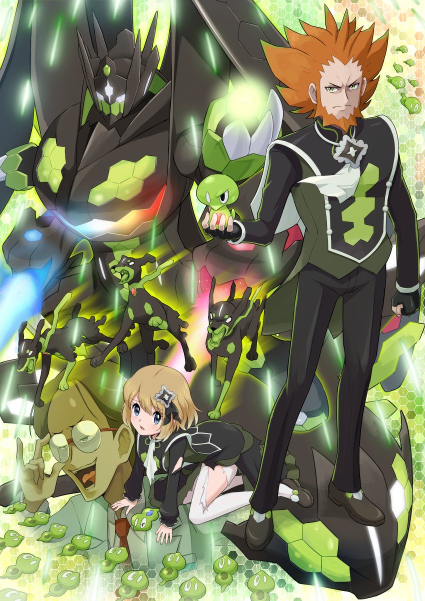 1girl 2boys absurdres all_fours ascot beard black_dress black_gloves black_pants black_ribbon blonde_hair blue_eyes brown_hair buttons clenched_hand closed_mouth commentary_request cosplay dress eyelashes facial_hair fingerless_gloves frown game_freak gen_6_pokemon glasses gloves hair_ornament hair_ribbon half-closed_eyes highres holding holding_pokemon legendary_pokemon lysandre_(pokemon) multiple_boys nintendo npc_trainer official_alternate_costume open_mouth orange_hair pants pantyhose pokemoa pokemon pokemon_(creature) pokemon_masters_ex pokemon_xy ribbon round_eyewear scientist_(pokemon) serena_(pokemon) serena_(pokemon)_(cosplay) serena_(sygna_suit)_(pokemon) shoes short_hair split_mouth standing teeth tongue torn_clothes torn_legwear white_ascot white_pantyhose zygarde zygarde_(10%) zygarde_(50%) zygarde_(complete) zygarde_cell zygarde_core