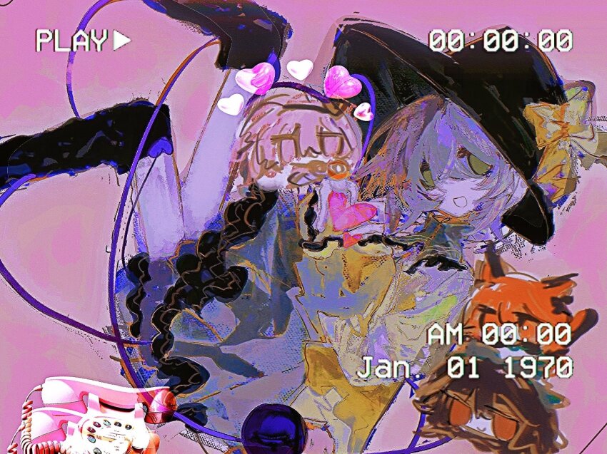 4girls akama_chlorine black_hair black_hat closed_mouth frilled_skirt frills grey_hair grey_skirt hat heart heart_hands heart_of_string kaenbyou_rin komeiji_koishi komeiji_satori long_sleeves looking_at_viewer medium_hair messy_hair multiple_girls open_mouth phone pink_background pink_hair recording red_eyes red_hair reiuji_utsuho shirt simple_background skirt smile solo_focus touhou yellow_shirt