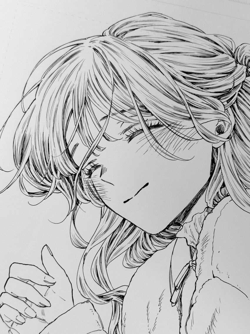 1girl absurdres blush choppy_bangs closed_eyes closed_mouth commentary_request fingernails graphite_(medium) half_updo highres kaoru_hana_wa_rin_to_saku light_smile long_hair long_sleeves lying mikami_saka monochrome official_art on_side photo_(medium) profile shirt sleeping solo split_mouth traditional_media waguri_kaoruko wavy_hair