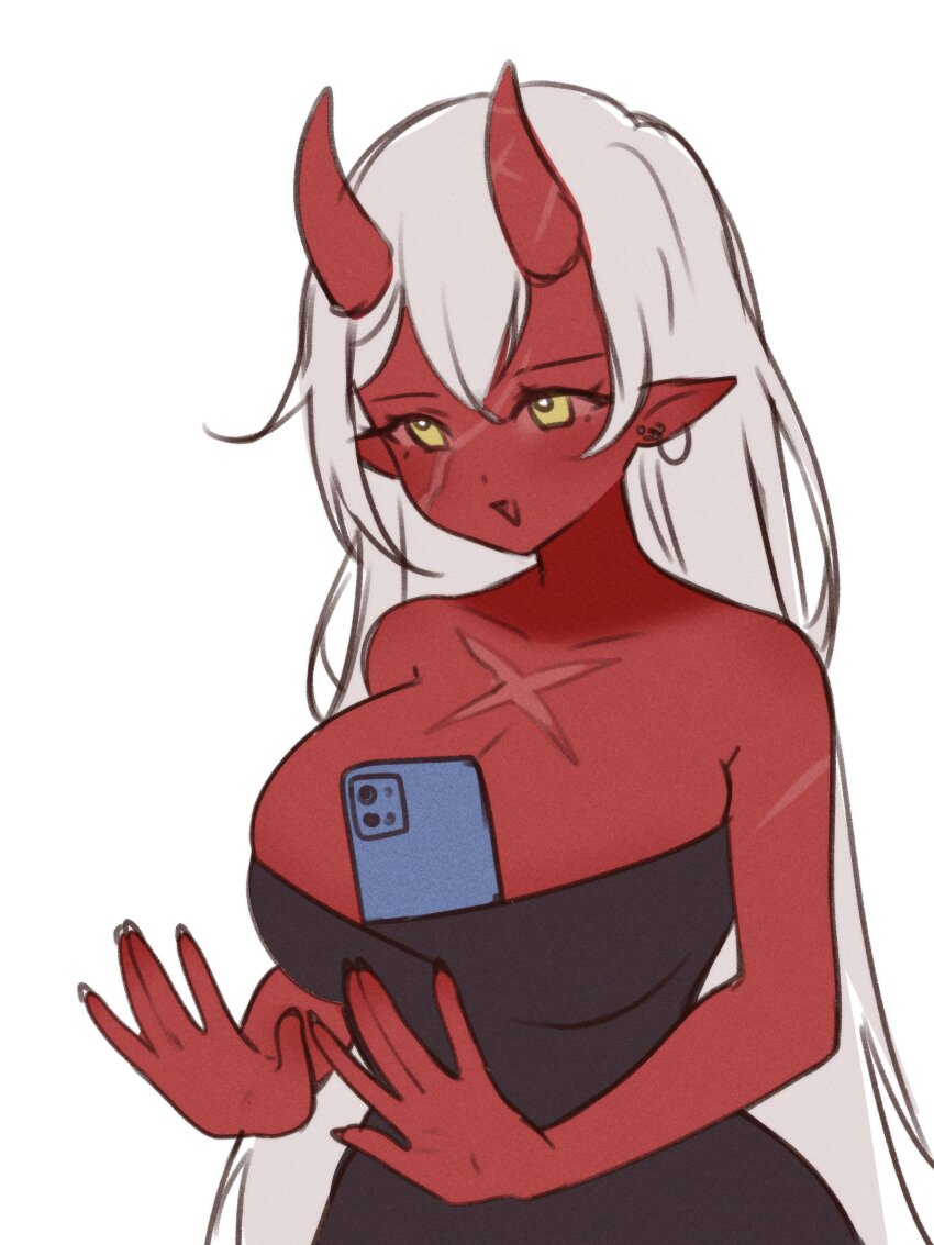 1girl absurdres akumi_(yoclesh) bare_shoulders black_dress breasts cellphone cleavage collarbone colored_skin dress ear_piercing earrings highres iphone jewelry large_breasts lipstick long_hair looking_to_the_side makeup multiple_scars oni open_mouth phone piercing pointy_ears red_skin scar scar_on_arm scar_on_chest scar_on_face scar_on_horns sky_above_me smartphone smile solo standing strapless strapless_dress very_long_hair vyugen white_background yellow_eyes