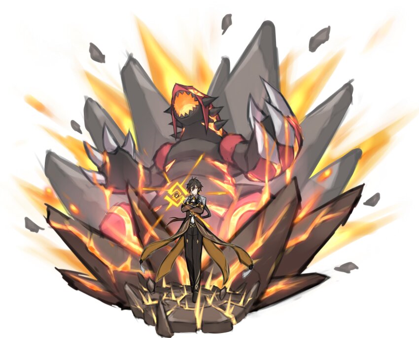 1boy 1other absurdres antenna_hair black_footwear boots brown_hair brown_jacket brown_pants brown_vest crossover full_body gen_3_pokemon genshin_impact geo_symbol_(genshin_impact) groudon highres jacket legendary_pokemon low_ponytail nintendo pants pinguinkotak pokemon ponytail primal_groudon short_hair simple_background vest white_background zhongli_(genshin_impact)