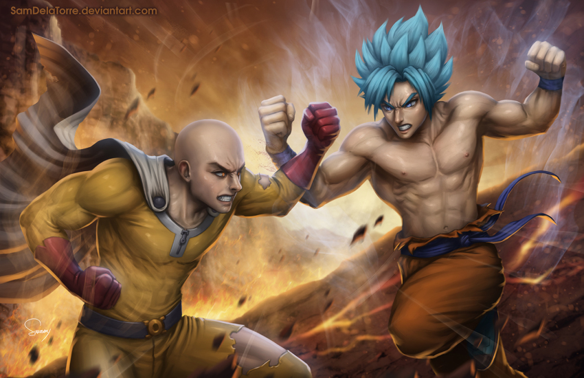 2boys abs angry bald battle belt boots cape clenched_hands clenched_teeth commentary crack crossover deviantart_username dragon_ball energy english_commentary epic fire gloves ground_shatter manly lava multiple_boys muscular one-punch_man pointy_hair realistic saitama_(one-punch_man) sam_delatore topless_male signature son_goku spiked_hair super_saiyan super_saiyan_blue teeth torn_clothes
