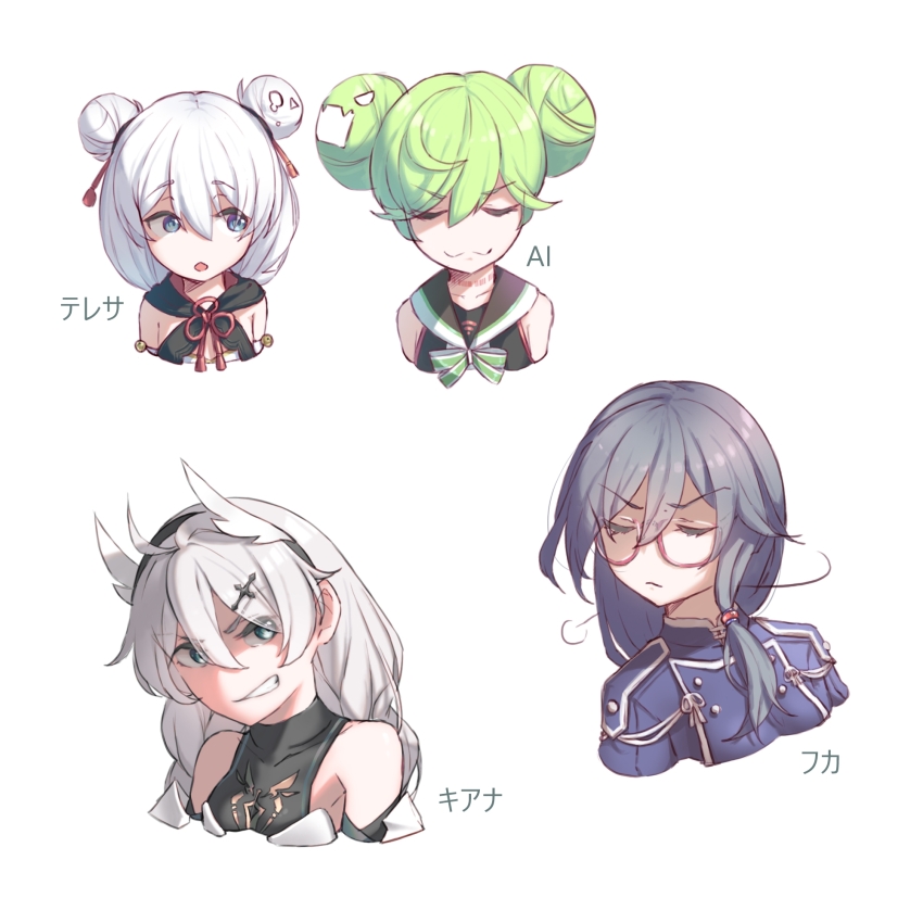 3girls :3 ahoge ai-chan_(honkai_impact) black_hair blue_eyes blue_jacket bow bowtie braid character_name china_dress chinese_clothes closed_eyes closed_mouth double_bun dress fu_hua fu_hua_(valkyrie_accipiter) glaring green_bow green_bowtie green_hair hair_bun headband highres honkai_(series) honkai_impact_3rd jacket kiana_kaslana kiana_kaslana_(knight_moonbeam) long_hair looking_at_viewer multiple_girls open_mouth ponytail semi-rimless_eyewear simple_background smug teeth theresa_apocalypse theresa_apocalypse_(sugar_haw_child) theresa_apocalypse_(valkyrie_pledge) twin_braids upper_body v-shaped_eyebrows velcozz white_background white_hair