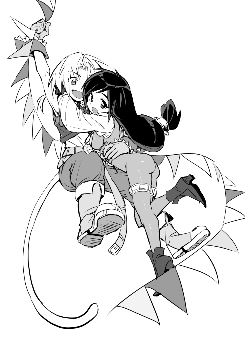 1boy 1girl arm_around_waist ass belt bodysuit boots dede_(qwea_00000) final_fantasy final_fantasy_ix garnet_til_alexandros_xvii gloves greyscale highres long_hair low-tied_long_hair monkey_tail monochrome open_mouth pants puffy_sleeves tail very_long_hair vest wrist_cuffs zidane_tribal